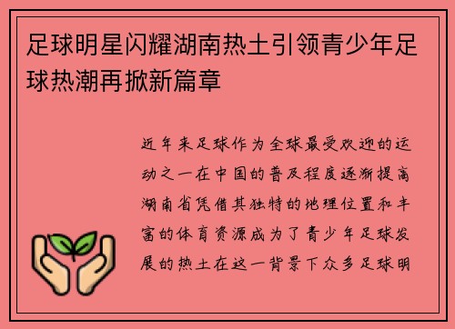 足球明星闪耀湖南热土引领青少年足球热潮再掀新篇章