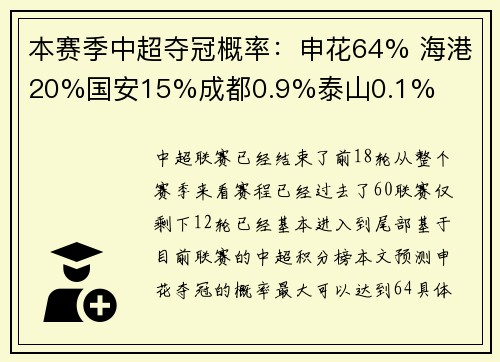 本赛季中超夺冠概率：申花64% 海港20%国安15%成都0.9%泰山0.1%